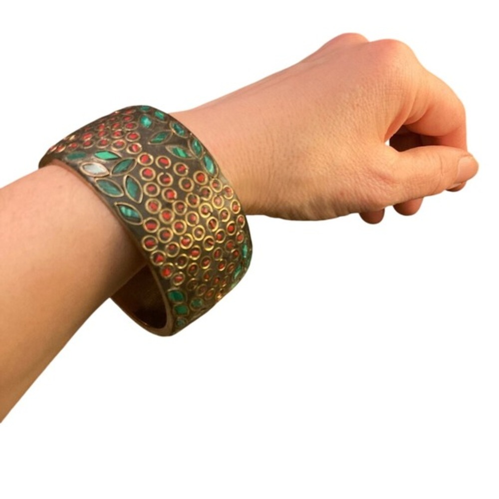 Vintage Brass Bracelet Turquoise Coral Nepal bangle large Eclectic Asian Stack